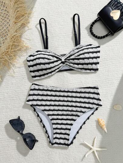 SHEIN Tween Girl Summer Beach Randig Volang Spaghetti Band Fashionabla Bikini Baddräkt Set