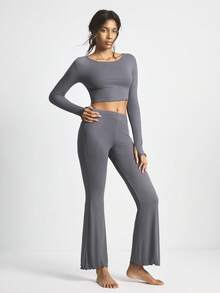 Ocili Women's Solid Color Long Sleeve Round Neck Fitted Crop Top & Pants Casual Lounge Set, Winter Clothes - Grey - View 4