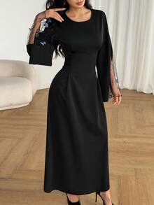 Al Najma Women's Autumn Black Long Sleeve Butterfly Lace Waist A-Line Elegant Arabic Dress - Black - View 5