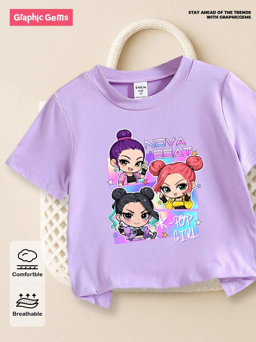GraphicGems 小女孩字母和卡通图案圆领短袖 T 恤，非常适合 K-POP 粉丝和日常穿着，紫色时尚可爱街头风格 T 恤，适合小女孩 - 紫色 - 查看 1