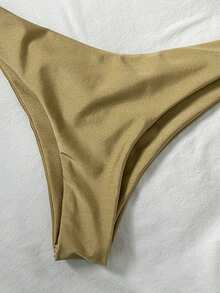 Swim Vcay 2pcs/Set Solid Color Rope Decor Bandeau Bikini Top And High Cut Bottoms Sexy Swimsuit Set, Spring/Summer - Khaki - View 7