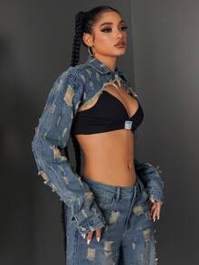 Jeanoix Women's Lapel Distressed Design Super Short Fashionable Versatile Vacation Long Sleeve Denim Jacket Y2k Clothes Women Tops Jeans Top - Blue - View 3