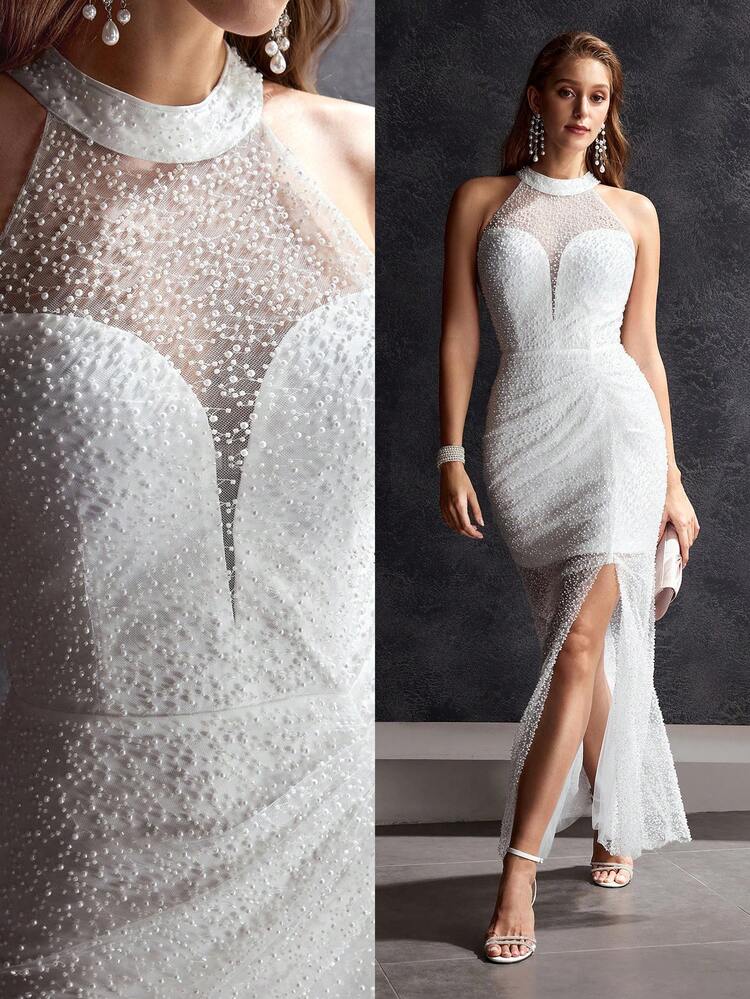 MOTF Soiréza WOMEN'S WHITE PEARL TEXTURED FABRIC SPLIT THIGH HALTER NECK PARTY COCKTAIL DRESS