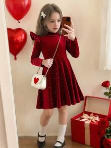 Elladie kids 女童亮片装饰酒红色连衣裙，适合圣诞主题晚宴，设计简约时尚，针织面料上衣，A字廓形，优雅淑女。 - 酒紅色 - 查看 1