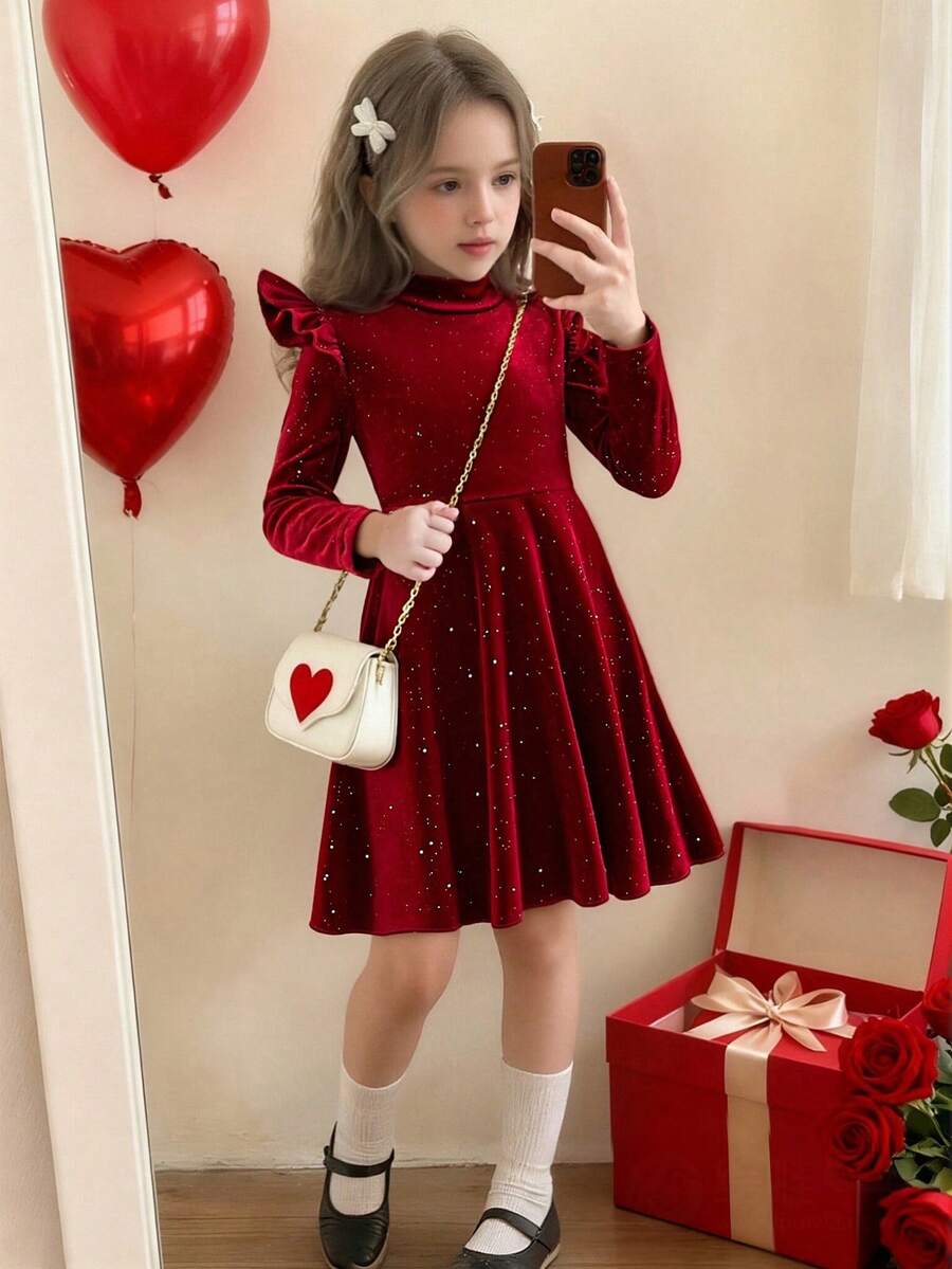 Elladie kids 女童亮片装饰酒红色连衣裙，适合圣诞主题晚宴，设计简约时尚，针织面料上衣，A字廓形，优雅淑女。 - 酒紅色 - 查看 1