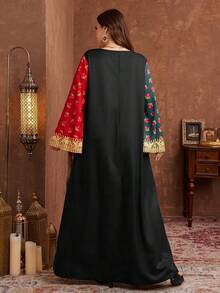 Al Najma 宽松长袖优雅传统粉笔印花图案长款连衣裙，适合春秋季穿着，大码尺码 - 彩色 - 查看 2