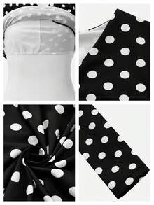 Nuvra Women's Long Sleeve Polka Dot Double Layer Shapewear Dress With Lining, Waist Cinching, Butt Lifting, Mid-Length Bodycon Dress - Black and White - View 2