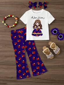 SHEIN رمضان طقم مكون من قطعتين، لباس علوي قصيرة الأكمام برقبة دائرية وطبعة زهور كلاسيكية، مناسب لفصل الصيف - متعدد الألوان - مشاهدة 2