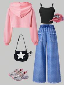 SHEIN ChillGRL 三件套街头风休闲少女宽松牛仔印花裤、露脐吊带背心和长袖连帽衫套装，时尚街头风 - 粉色 - 查看 2