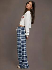 Siren Gaze Women's Casual Elastic Waist Drawstring Straight Loose Lounge Pants Blue Plaid Pants Spring - Navy Blue - View 4