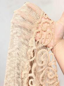 ROMWE Avant Women's Vacation Hippie Sheer Contrast Lace Knit Sweater - Khaki - View 7