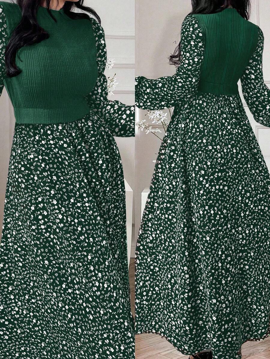 Modelyn 女式拼布碎花圆领灯笼袖优雅阿拉伯连衣裙 - 墨綠色 - 查看 1