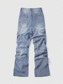 ROMWE MEN Men's Casual Washed Cross Embroidered Denim Jeans - Blue - View 2