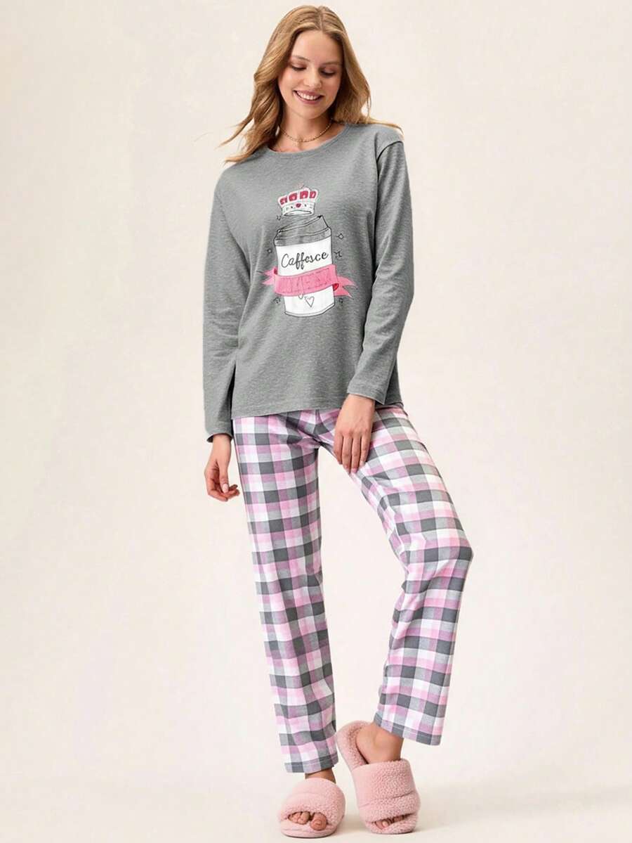 Loomlin Cotton Cartoon Printed Long Sleeve Pajama Set - Grey - View 1