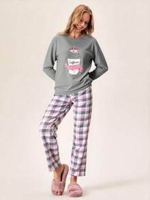 Loomlin Cotton Cartoon Printed Long Sleeve Pajama Set - Grey - View 3