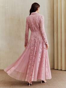 Anewsta New Elegant Chic Mesh & Contrast Lace Design Collar Long Sleeve Flared Dress, Suitable For Party, Wedding, Spring, Summer, Elegant, Valentine's Day, Carnival - Pink - View 2