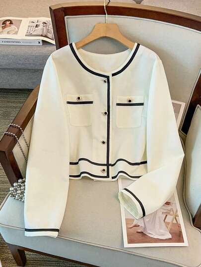 GlowEve CURVE Plus Size Women's Contrast Color Ribbon Design Jacket, French Elegant Luxury Commuter Business Casual