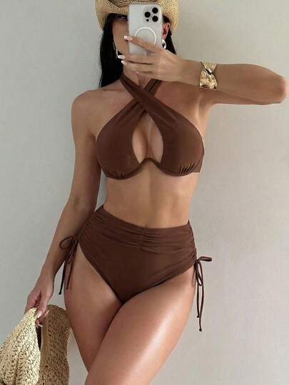 SHEIN Swim Conjunto de bikini con escote halter de unicolor con aros para mujer, ideal para verano