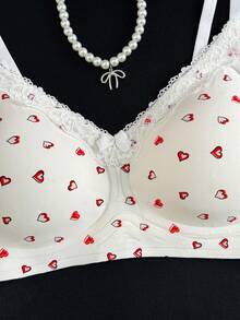 1pc Women's Heart Print Contrast Lace Wireless Bra - White - View 3