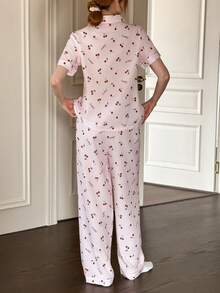 SHEIN Napfluff 樱桃印花翻领短袖睡衣套装 - 粉色 - 查看 2