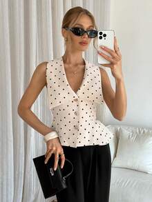 Siren Gaze 女士时尚度假休闲波点印花无袖衬衫 - 卡其色 - 查看 2