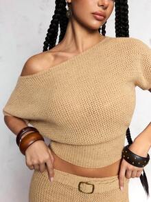 ROMWE J-Fashion Vintage Sexy Glitter Knit Adjustable Asymmetrical Shoulder Women Sweater Set - Gold - View 7