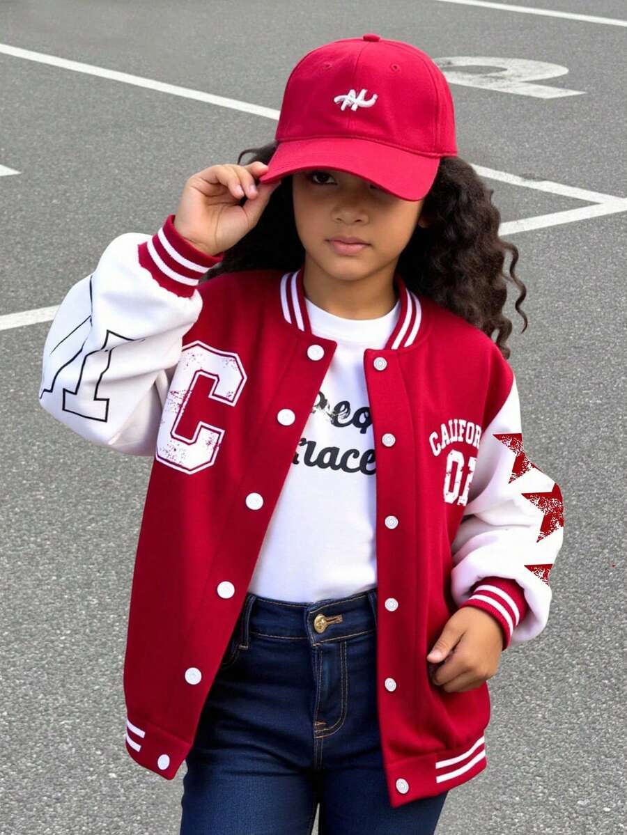 SHEIN Sparklyn Streecool Tween Girl 女童休闲舒适时尚设计日常百搭图案字母数字飞行员夹克,秋冬 - 紅色 - 查看 1