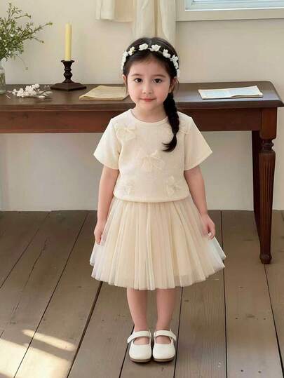 2件套 女童优雅蝴蝶结装饰白色针织T恤+薄纱泡泡裙，甜美公主风，适合生日、节日、派对、夏季