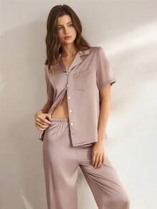 Ocili Bộ đồ ngủ vải satin mềm mại, co giãn, có ve áo dành cho nữ - Màu Khaki - Xem 8