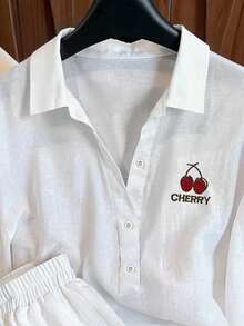 Resyla Women's Letter & Cherry Embroidery Long Sleeve Shirt And Shorts Casual 2 Pieces Set - White - View 3