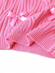 Soft Pink Cute Autumn Party School Girls' Knitted Sweater, Crew Neck Short Style 3D Bow Decor, Versatile For Casual Fairy Outings, Photography - Hot Pink - View 7