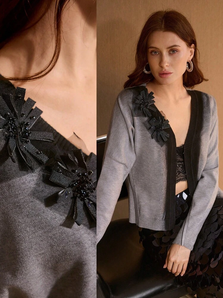 GREY APPLIQUES LONG SLEEVE FITTED CARDIGAN