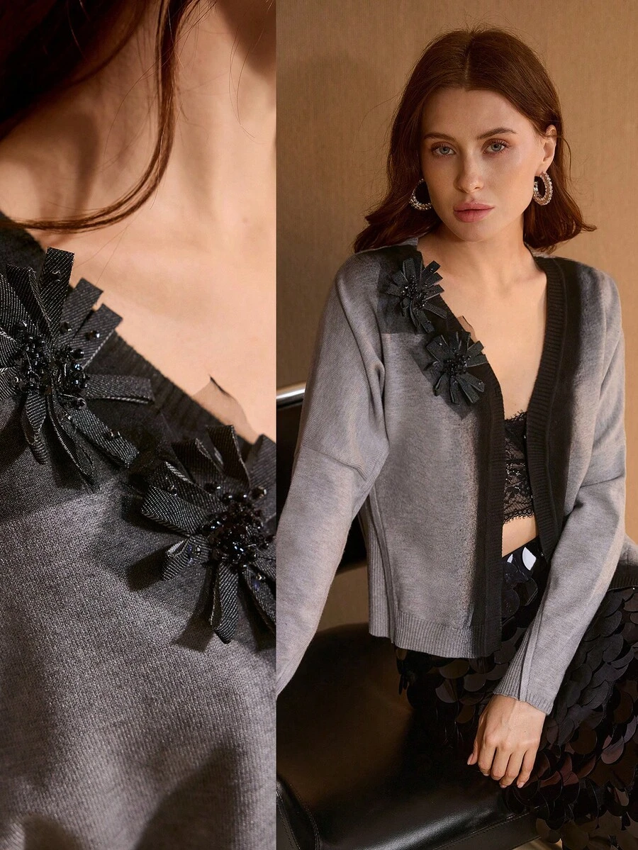 MOTF PREMIUM 灰色贴花长袖修身开衫 - 灰色 - 查看 1