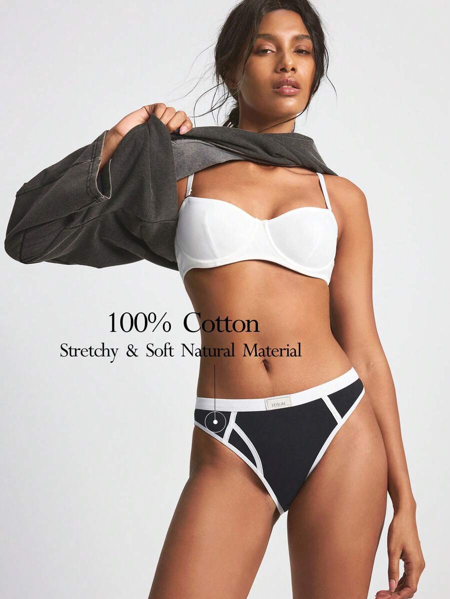 Ocili Bohemian Style Contrast Color Stitching Comfortable Simple Cotton Women's Briefs - Black and White - View 1