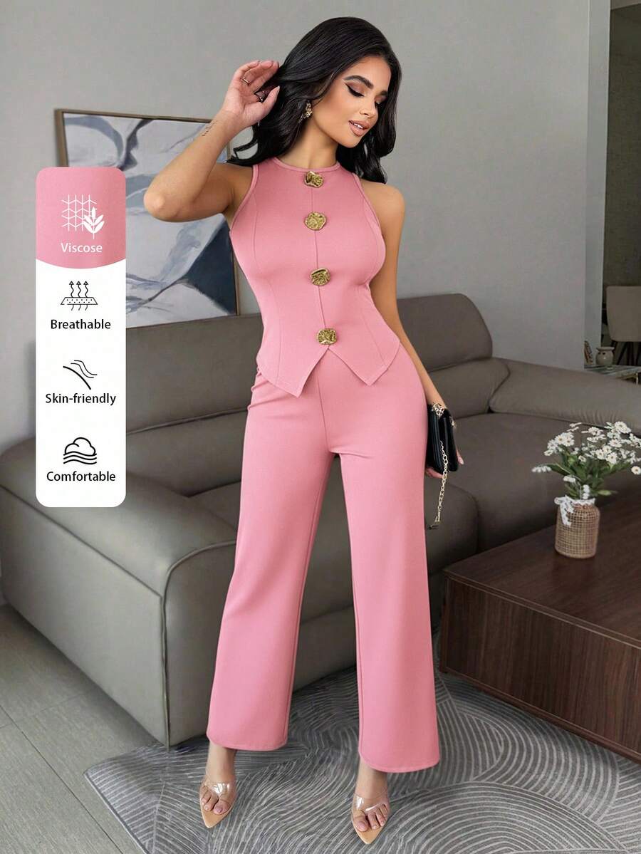 Vavine Romantic Valentine's Pink Set-Perfect Date Outfit, Pants Suit, Business Commute 'old Money' Style. Fashion-Forward Women's Sleeveless Top With Tailored Pants, Metallic Button Details, High-Stretch Fitted Tank And Pants Two-Piece Suit. Fall Officewear For Women-Elegant Business Casual, Resort-Ready And Date-Appropriate.