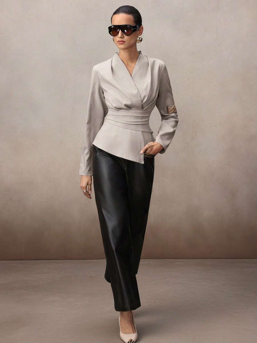 NOVVYNE 女士纯色交叉裹身长袖不对称下摆衬衫 - 杏色 - 查看 1