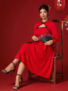 Elenzga Plus Size Women's Chinese Style Button Collar, Ruched A-Line Hem Solid Color Dress, December Edition - Red - View 1