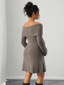 SHEIN Pregnant Women's Fashionable & Elegant Off-Shoulder Short Knit Sweater Dress - Coffee - View 2
