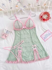 SHEIN 2pcs Women's Sexy Contrast Color Wireless Nightgown Set - Multicolor - View 6
