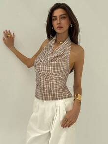 Aloruh Áo cánh hở lưng kẻ sọc cổ sâu quyến rũ thời trang cho nữ - Màu Khaki - Xem 5