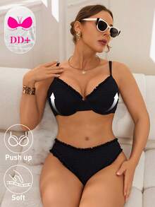 Swim DD+ Women's Solid Color Ruffle Trim Swimsuit Set, Spring/Summer - Black - View 4