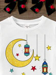 SHEIN 2pcs/Set Young Girl Cartoon Casual Round Neck Short Sleeve Top And Flare Pants - Multicolor - View 5