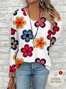 EMERY ROSE Floral Print Plus Size V-Neck Long Sleeve T-Shirt For Women, Suitable For Music Festivals And Back To School, ,Flower/Spring/Summer/Vacation - Multicolor - View 1