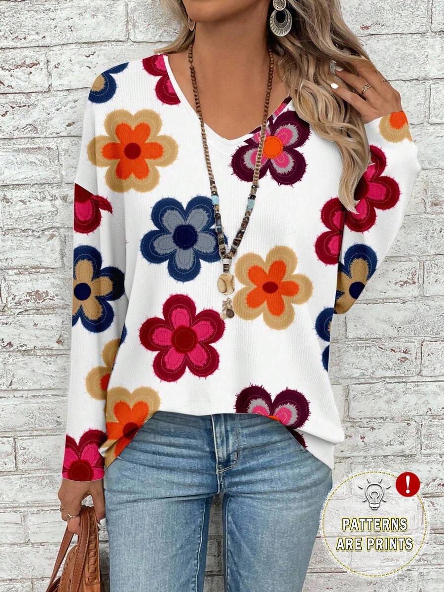 EMERY ROSE Floral Print Plus Size V-Neck Long Sleeve T-Shirt For Women, Suitable For Music Festivals And Back To School, ,Flower/Spring/Summer/Vacation - Multicolor - View 1