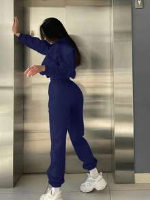 SHEIN BamGlam 巴黎简约数码印花正面休闲舒适百搭街头女式羊毛运动衫和裤子套装 - 藏蓝色 - 查看 2