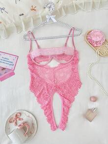 SHEIN Valentine's Day Women's Pink Sweet Sexy Backless Bow Decor Sexy Jumpsuit - Pink - View 1