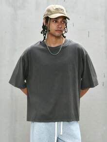 PAVTROS Dark Grey Cotton Men's T-Shirt Casual Round Neck Short Sleeve Drop Shoulder With Unique Letter Pattern - Dark Grey - View 2