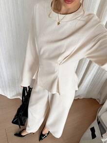 Siren Gaze Elegantes 2-teiliges Damen-Set aus apricotfarbenem Leinen, tailliertes Langarmhemd mit Rundhalsausschnitt & Hose mit geradem Bein, herbstlicher Casual-Anzug für Damen-Brunch - Aprikosenfarben - Übersicht 6