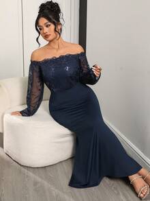 Modelyn Vestido longo de manga comprida, ombros à mostra, elegante, com glitter e lantejoulas, justo ao corpo, para mulheres plus size, adequado para uso em festas, passeios e reuniões familiares - Azul - Visão 6