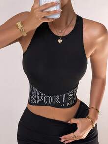 Dewbera 女士无袖紧身健身瑜伽户外运动上衣，带字母编织肩带和交叉肩带 - 黑色 - 查看 3